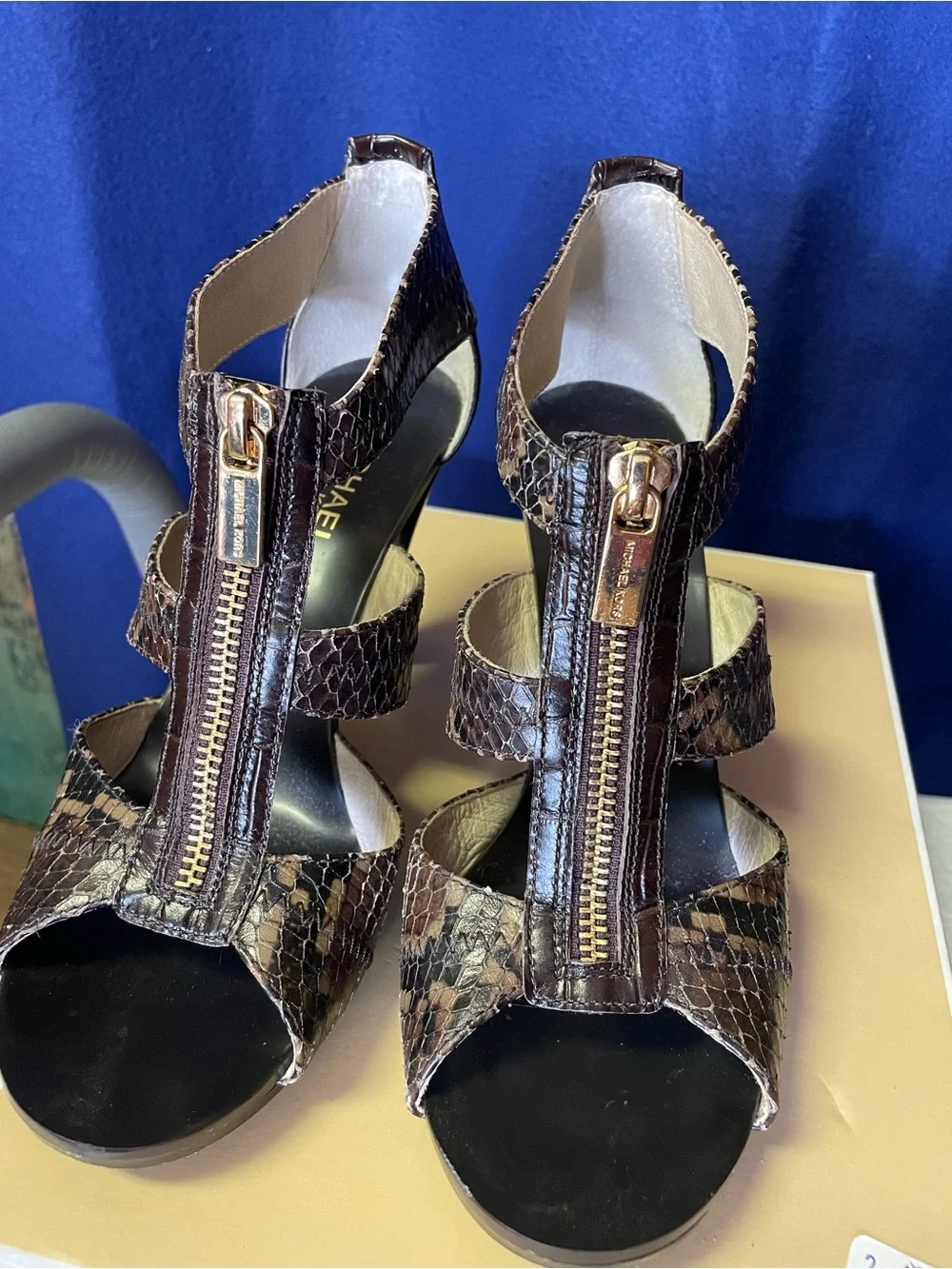 Michael Kors Brown Snake-Print T-Strap Heels with Front Zipper